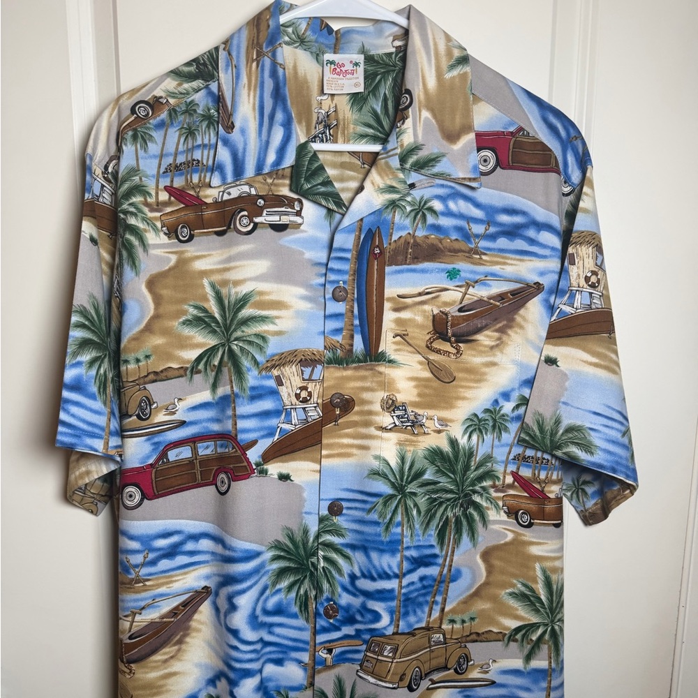 Vintage Go Barefoot Hawaiian Aloha Shirt Woody Wagon & Surf Scene Sz XL Resort
